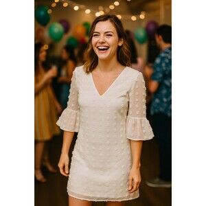 Blooming Jelly Dress Medium White Swiss Dot V Neck Silky Polka Bell Sleeve Party